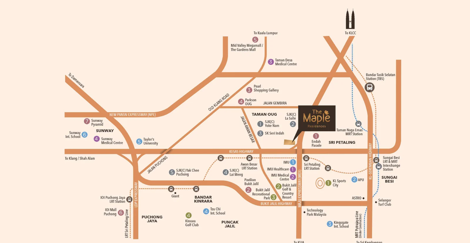 Illustrated location map showing The Maple Residences at Taman OUG with surrounding highways, schools, malls and rail stations